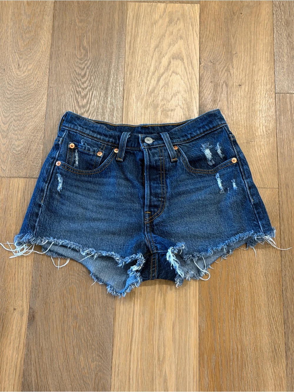 Levi’s 501 Distressed Cut Off Denim Shorts Dark Wash Button Fly Size 24